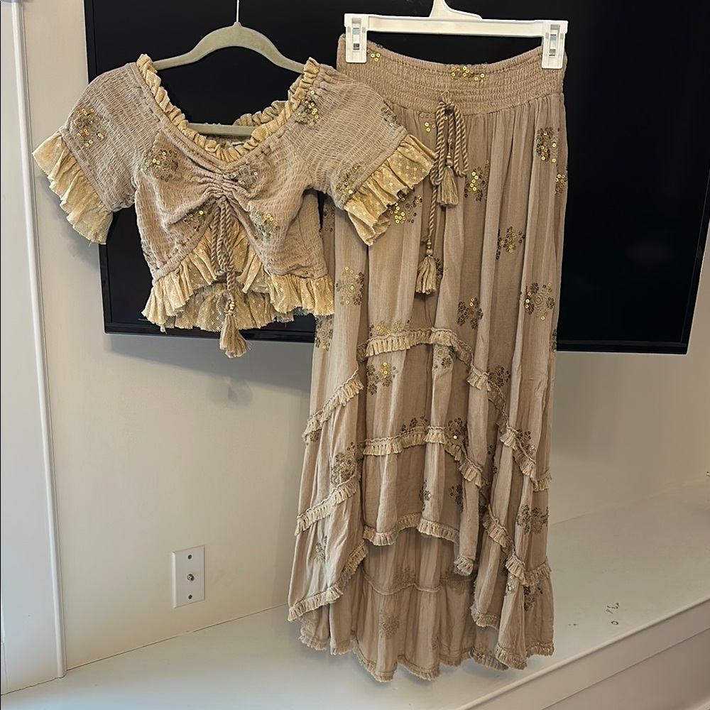 Embroidered Tan Top and Skirt Set